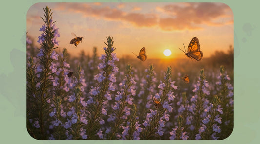 AI generated image with rosemary bushes in bloom with bees and butterflies pollinating, Homestead Lavender Farm