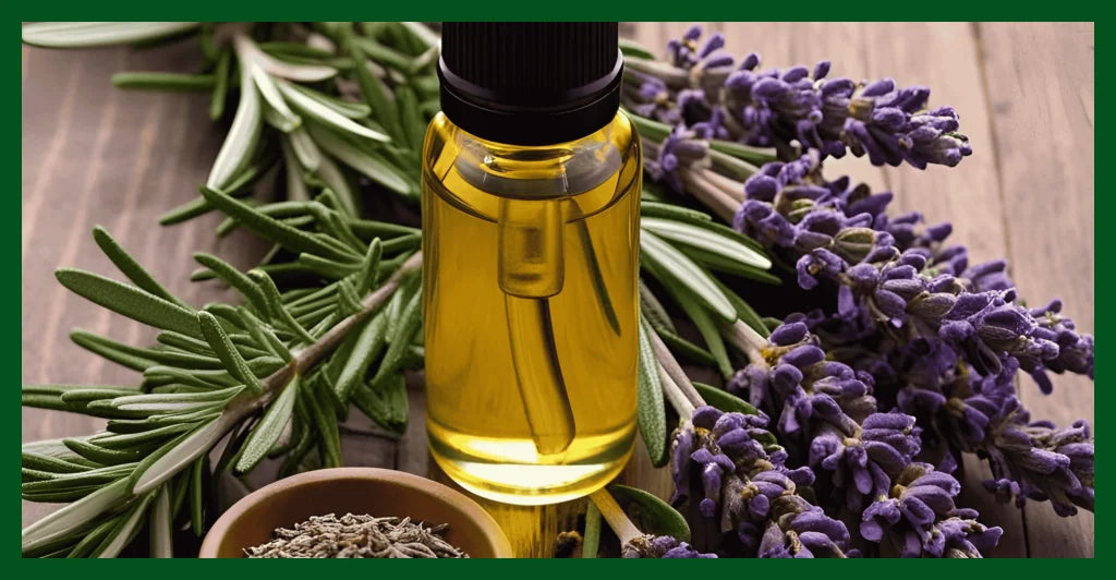 Sprigs of lavender & rosemary with a dropper bottle of oil