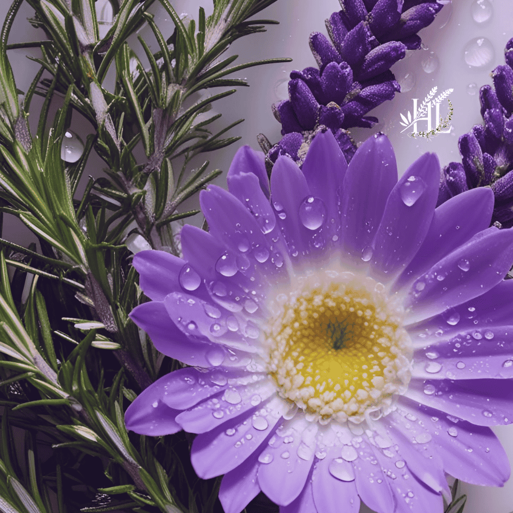 Large purple flower with lavender flowers and rosemary sprigs, representing Homestead Lavender Farm's Bath & Body Collection