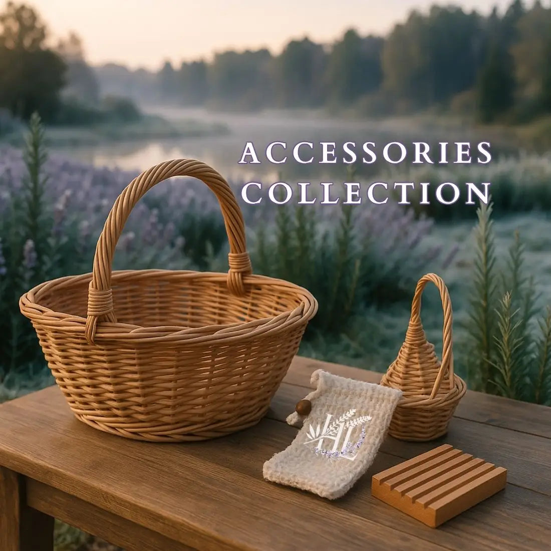 Homestead Lavender Farm | Accessories Collection Photo, lavender farm with a pond in the background, wooden table with a wooden basket, soap pouch and a soap dish