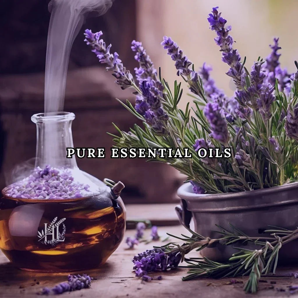 Diffusing oil with steam and lavender flowers and rosemary sprigs representing the process we use at Homestead Lavender Farm to create our essential oil.