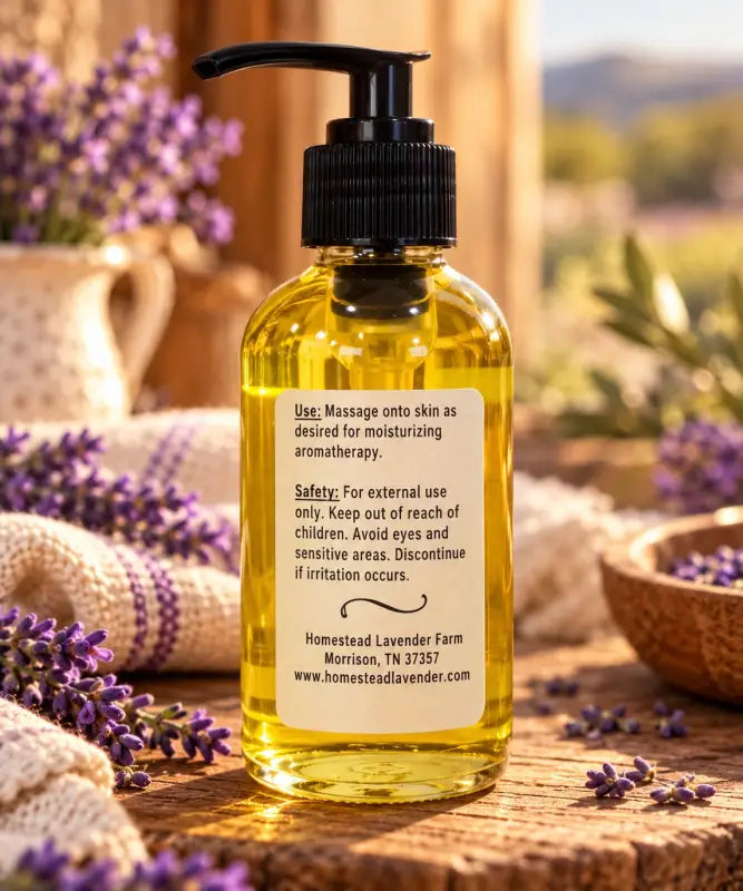 Back label of the Lavender 'Bold' body oil with use and safety directions