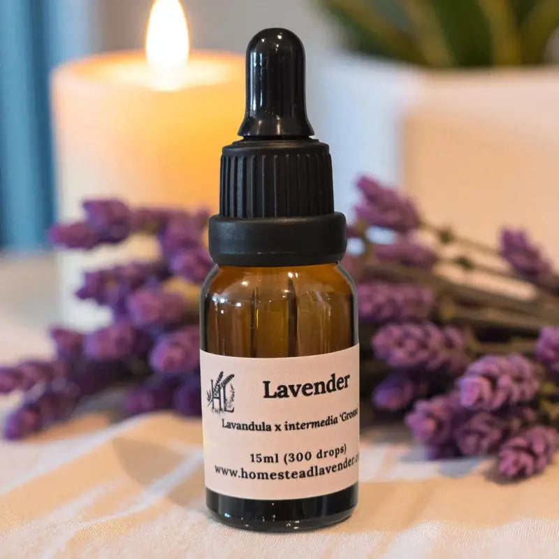 Amber bottle of 100% pure, steam-distilled lavender oil (15ml), with dropper and fresh lavender, made at Homestead Lavender Farm.
