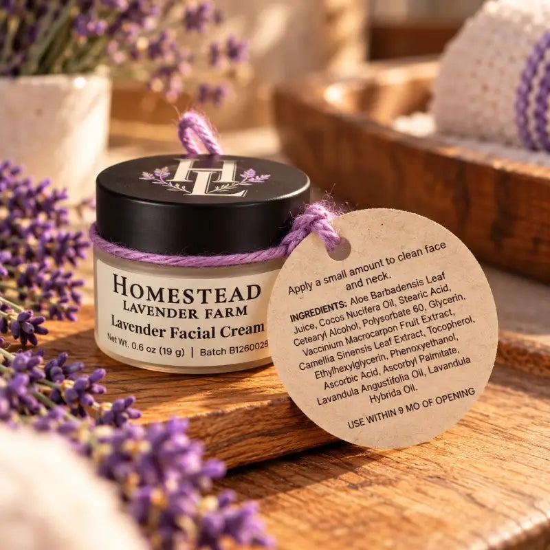 Lavender Facial Cream jar tied with purple twine and a round kraft tag listing directions and ingredients