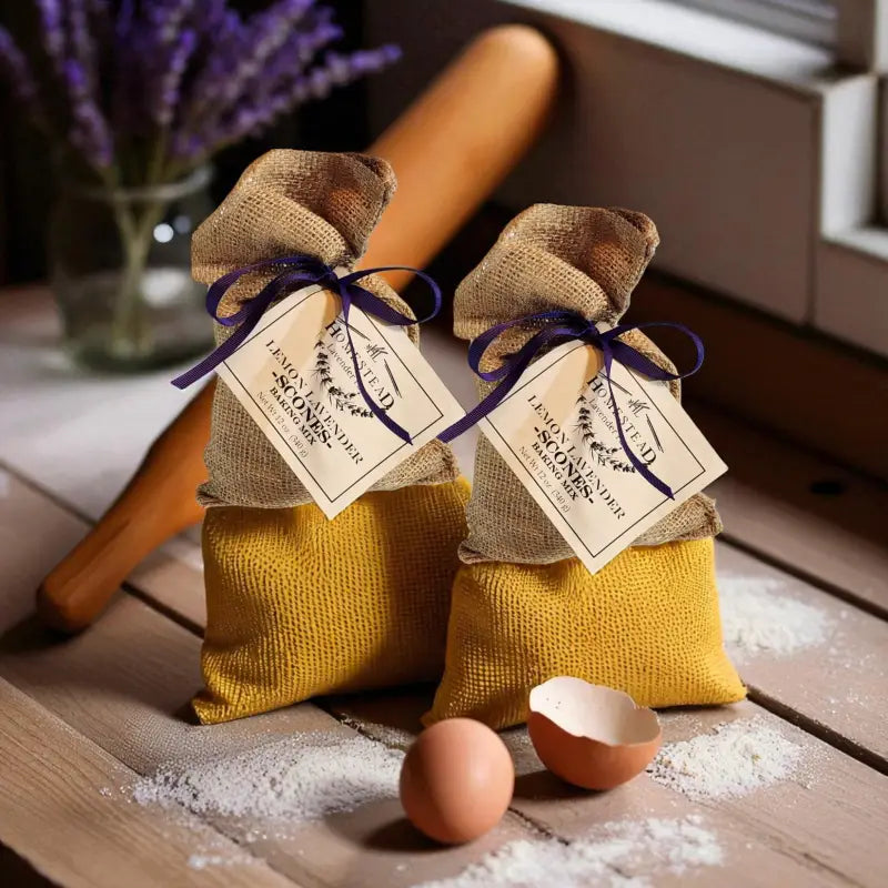 Bag of Lemon Lavender Scones Mix tied with purple ribbon, surrounded by flower and eggs, with lavender flowers on a light table.