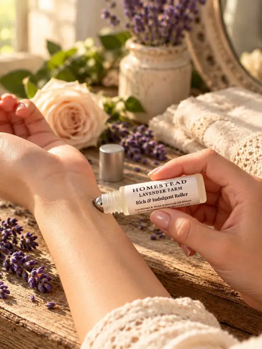 Rolling the Rich & Indulgent lavender and rose roller onto the wrist