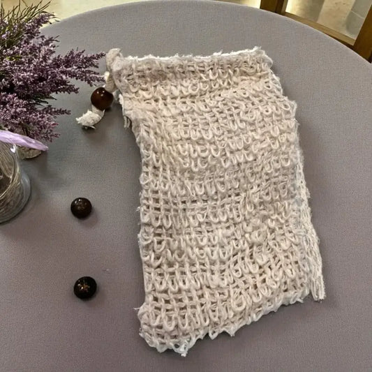Soap pouch – exfoliating sisal bag with drawstring & wooden bead accessory homestead lavender farm
