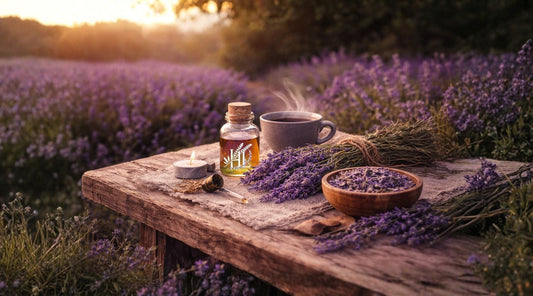Hoestead Lavender Farm - Lavender Wellness Series blog 1 of 5; lavender farm with rows of lavender, wooden table, coffee, bowl of lavender buds, candles.