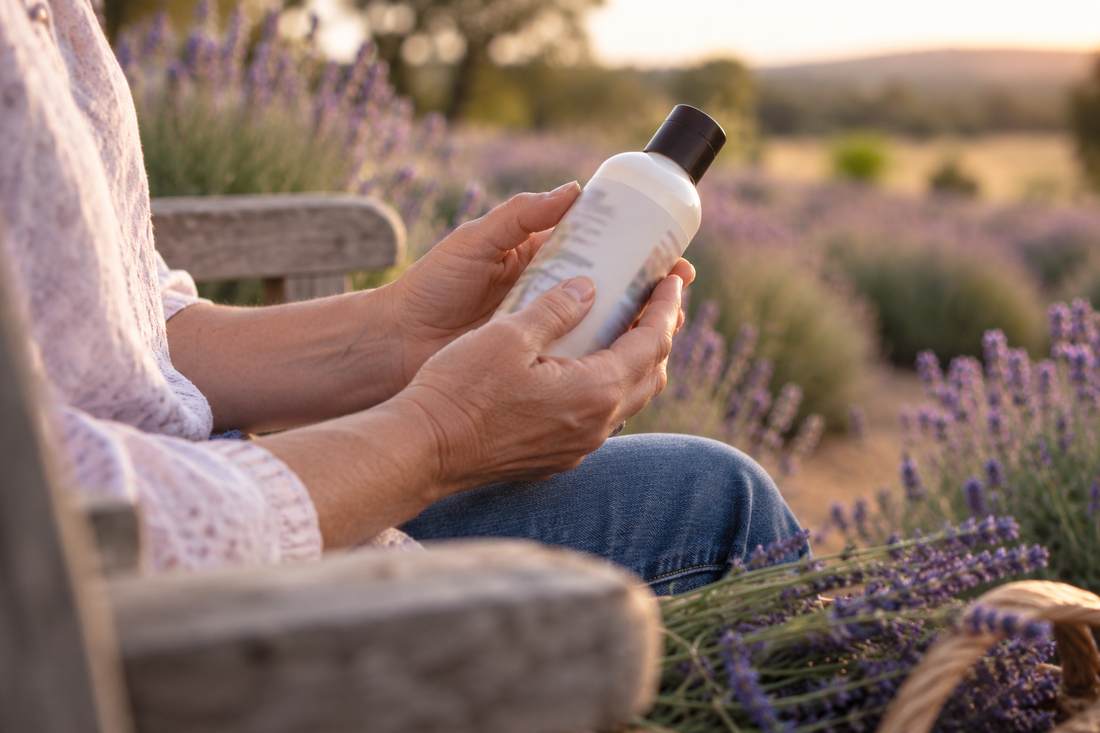 Hands examining a body-care product bottle while sitting on a bench in a lavender field.