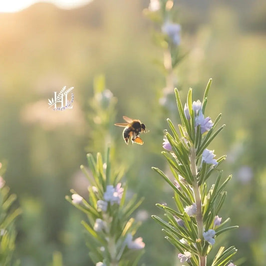 Homestead Lavender Farm with budding rosemary sprigs, bees buzzing