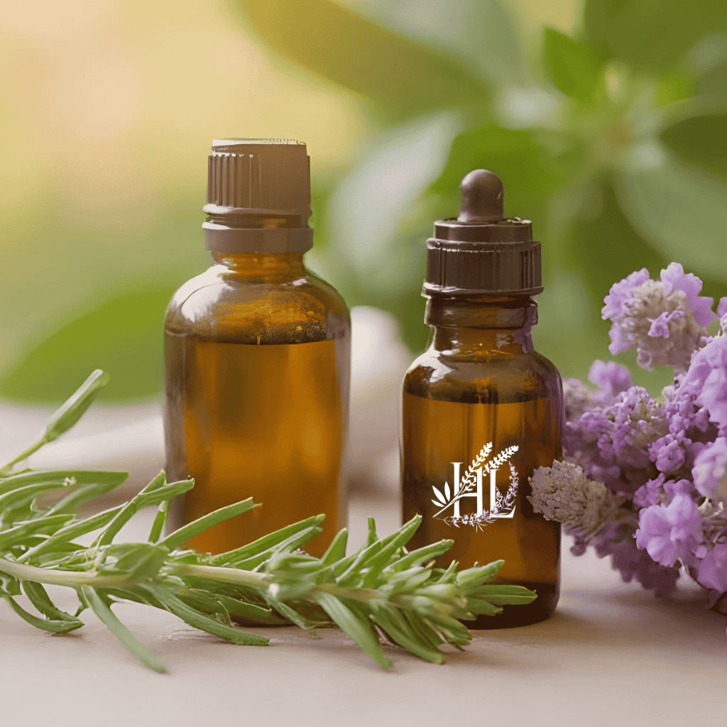 Homestead Lavender Farm Aromatherapy & Home Collection Image |Amber bottles filled with our fields of joy from Homestead Lavender Farm, with lavender flowers and rosemary sprigs.
