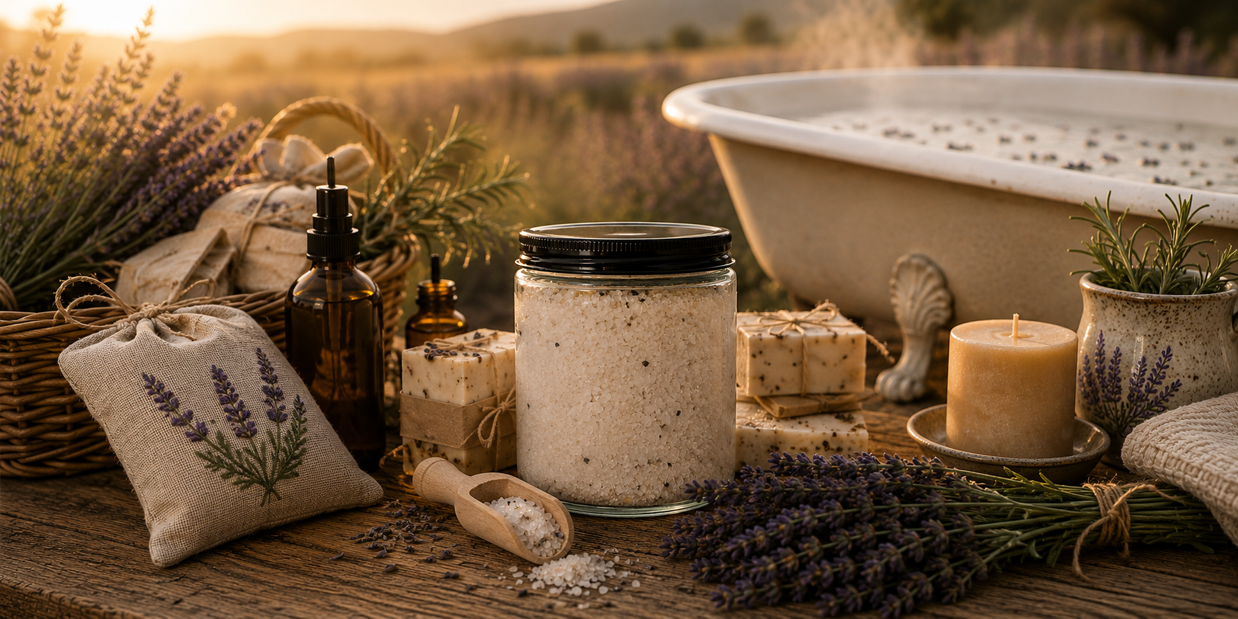 Homestead Lavender Farm Bath Salts in a 9 oz glass jar with black lid, purple cord, and wooden scoop — Lavender & Forget-Me-Nots blend with Pink Himalayan, Dead Sea, and Epsom salts. Hand-blended in Tennessee.