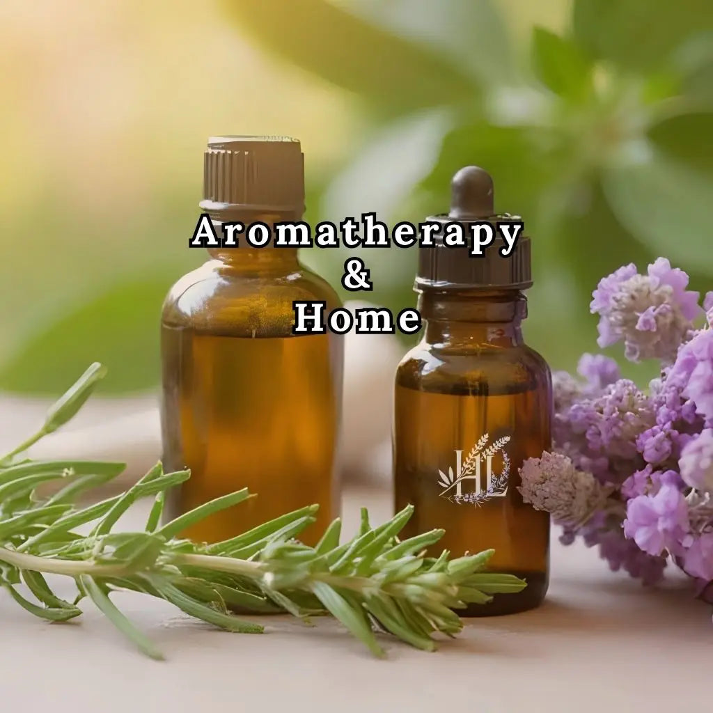 Amber bottles filled with our fields of joy from Homestead Lavender Farm, with lavender flowers and rosemary sprigs.