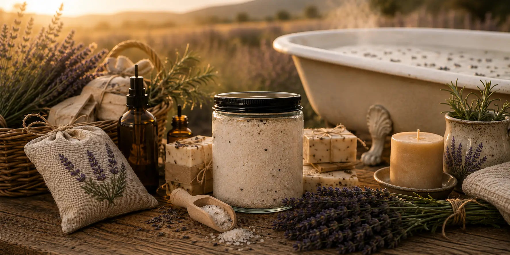 Homestead Lavender Farm Bath Salts in a 9 oz glass jar with black lid, purple cord, and wooden scoop — Lavender & Forget-Me-Nots blend with Pink Himalayan, Dead Sea, and Epsom salts. Hand-blended in Tennessee.