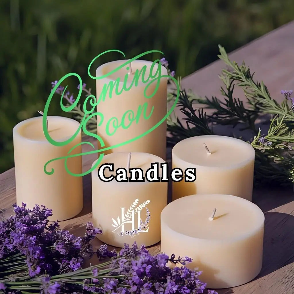 Placeholder image of hand-poured candles surrounded by fresh rosemary and lavender, representing Homestead Lavender Farm’s upcoming natural candle collection.