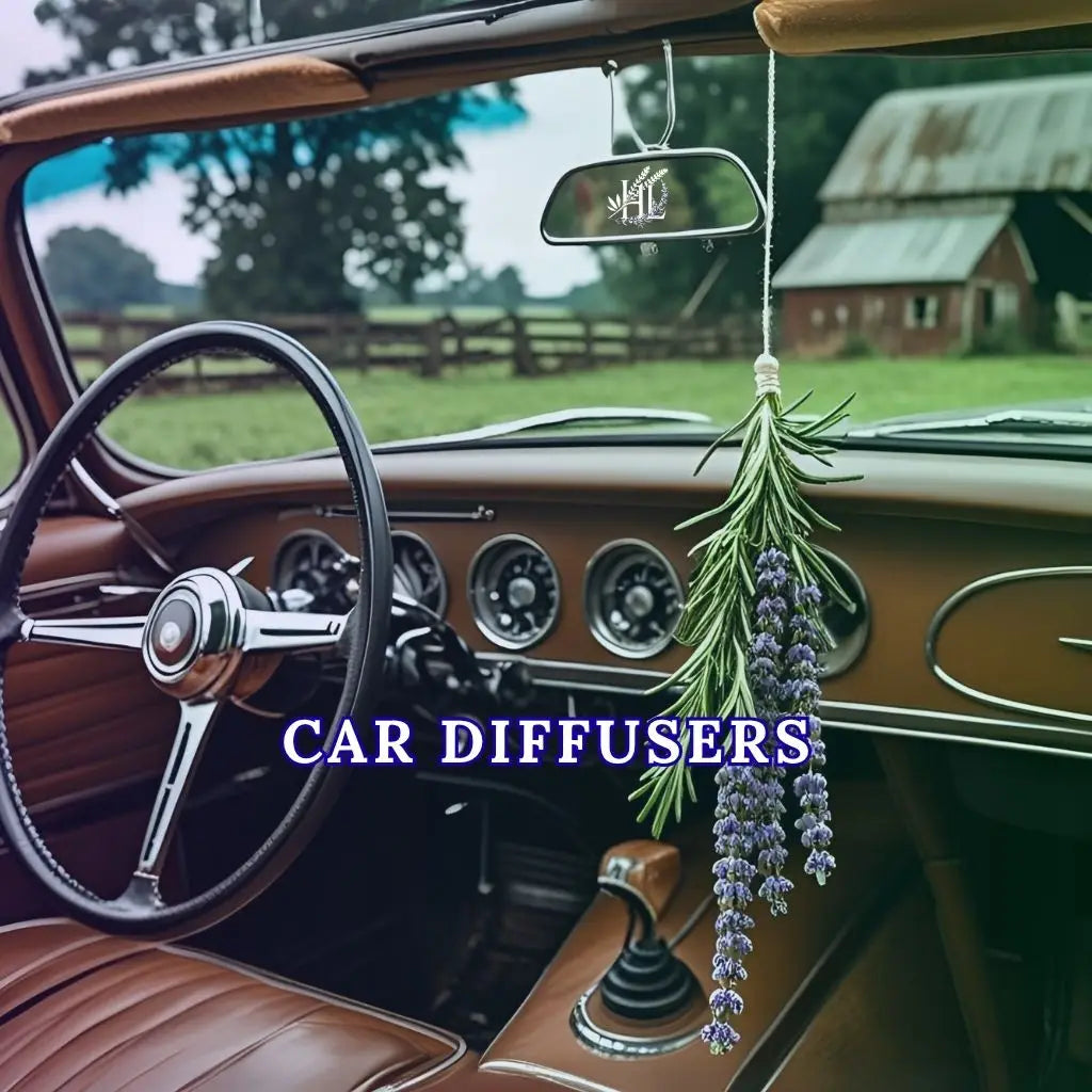 Mockup image representing Homestead Lavender Farm Car Diffuser Collection in a vintage car with rustic red barn in the back ground.