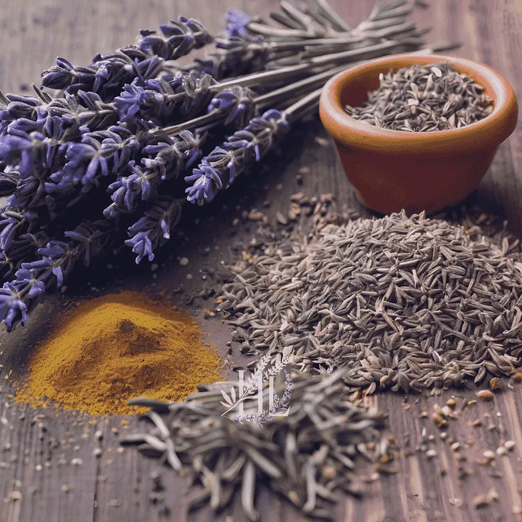 Culinary Delights Collection Imagae for Homestead Lavender Farm, dried lavender buds, rosemary, and spices are collected on a wooden table