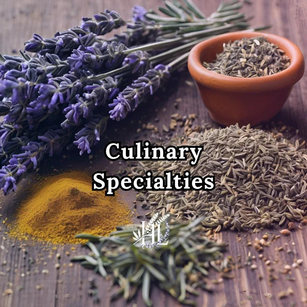 At Homestead Lavender Farm, dried buds are collected for gourmet spices, lavender, rosemary and an array of spices on a wood counter