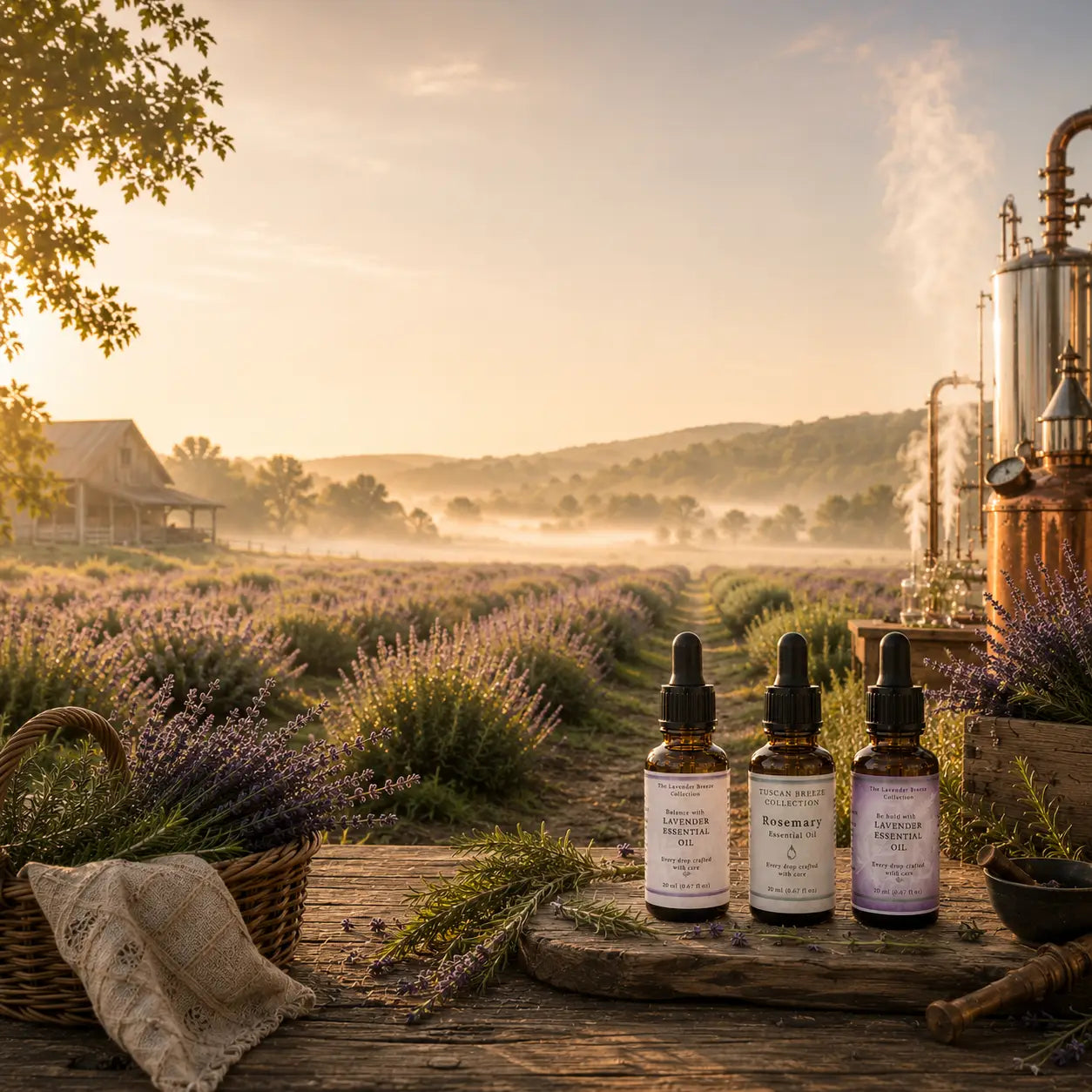 Diffusing oil with steam and lavender flowers and rosemary sprigs representing the process we use at Homestead Lavender Farm to create our essential oil.