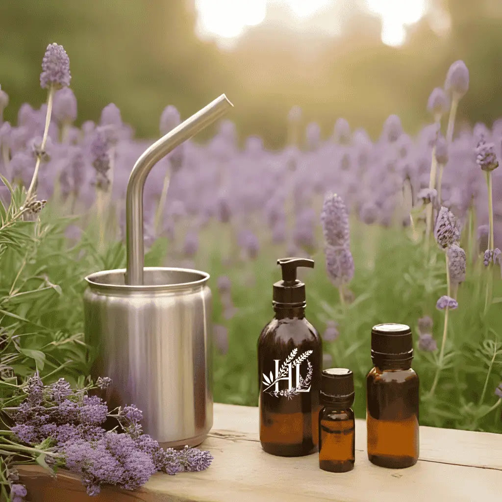 Homestead Lavender Farm | Field to Shelf Collection image.  Lavender blooming in a field, wooden table, with a modified steel still and essential oil vials