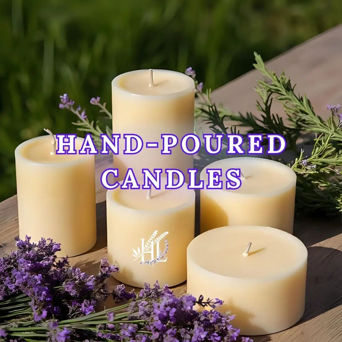 Homestead Lavender Farm | Hand Poured Candle Collection, wooden table holding several unlit candles surrounded by rosemary and lavender sprigs.