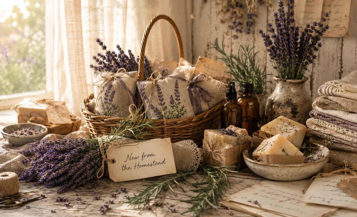 Sunlit farmhouse still life with Homestead Lavender Farm sachet pillows in a wicker basket, handcrafted soaps, lavender bundles, and a "New from the Homestead" kraft tag beside a window overlooking a lavender field.