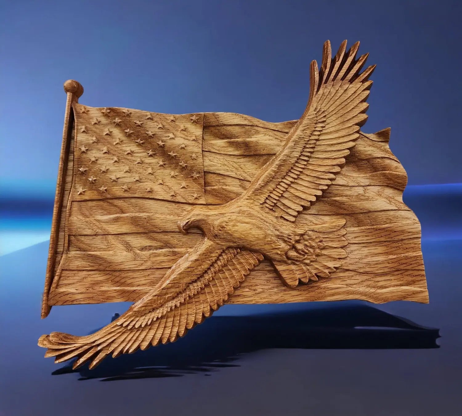 American Flag with an Eagle Flying in front of it; 3d relief CNC carve, natural red oak wood, high gloss finish.