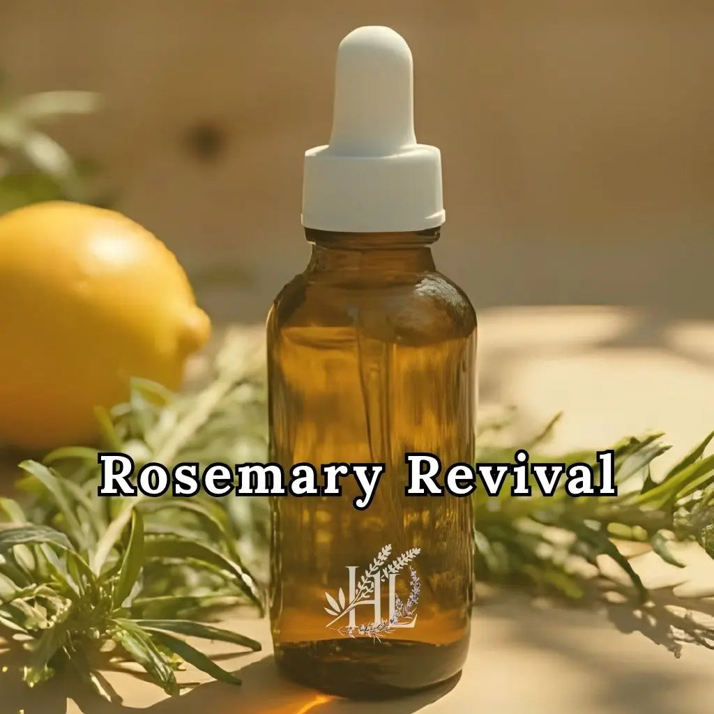 An amber dropper bottle with lemon and rosemary created on Homestead Lavender Farm.