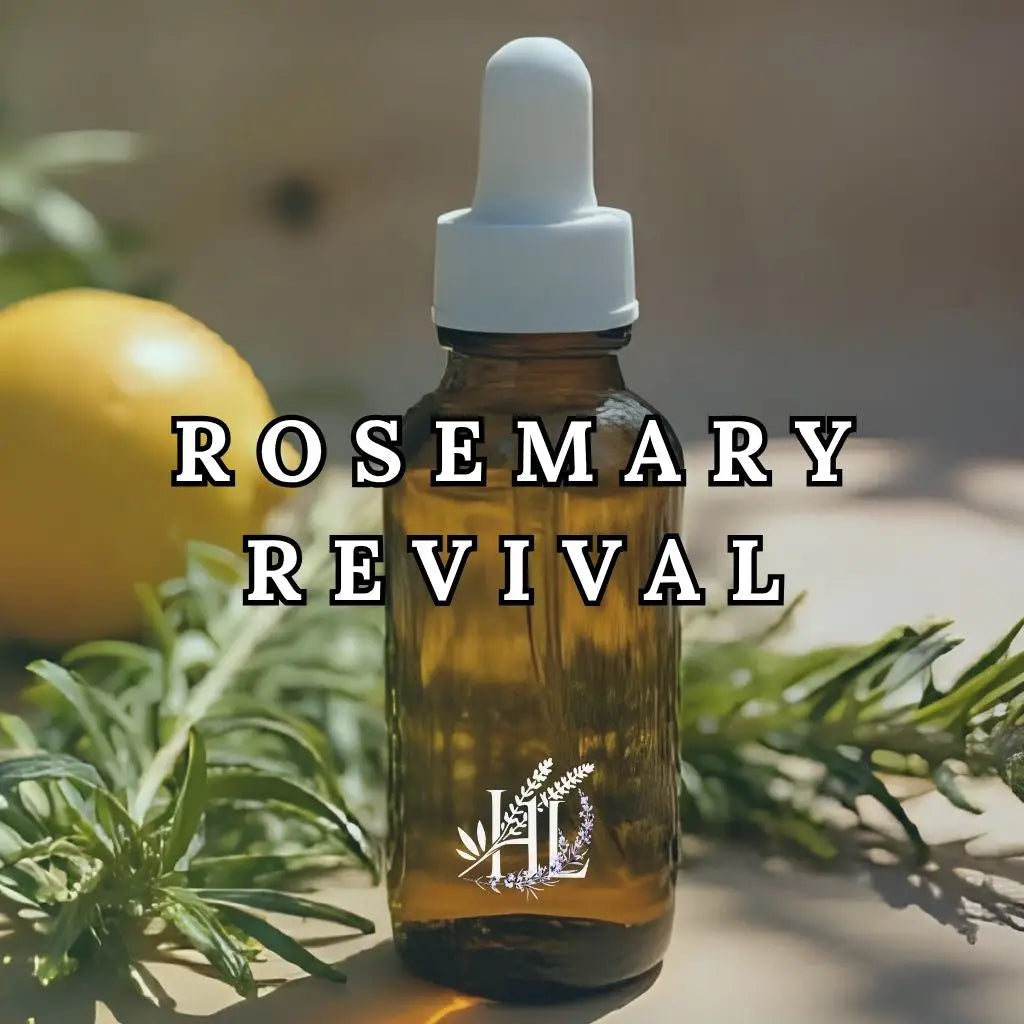 Homestead Lavender Farm | Rosemary Revival Collection Image -- a table with a lemon, sprigs of rosemary and a vial of essential oil