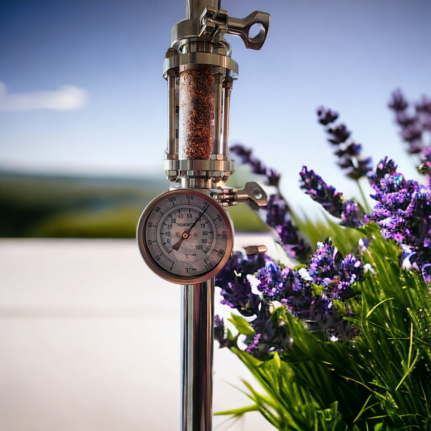 Still pressure meter with a background of lavender flowers