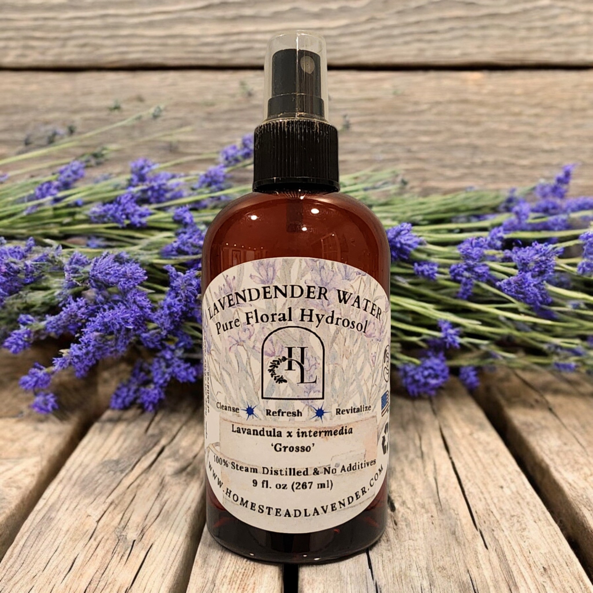 Lavender Water - Pure Floral Hydrosol Lavandula x intermedia ’Grosso’ 9 fl. oz (267 ml) plastic spray bottle