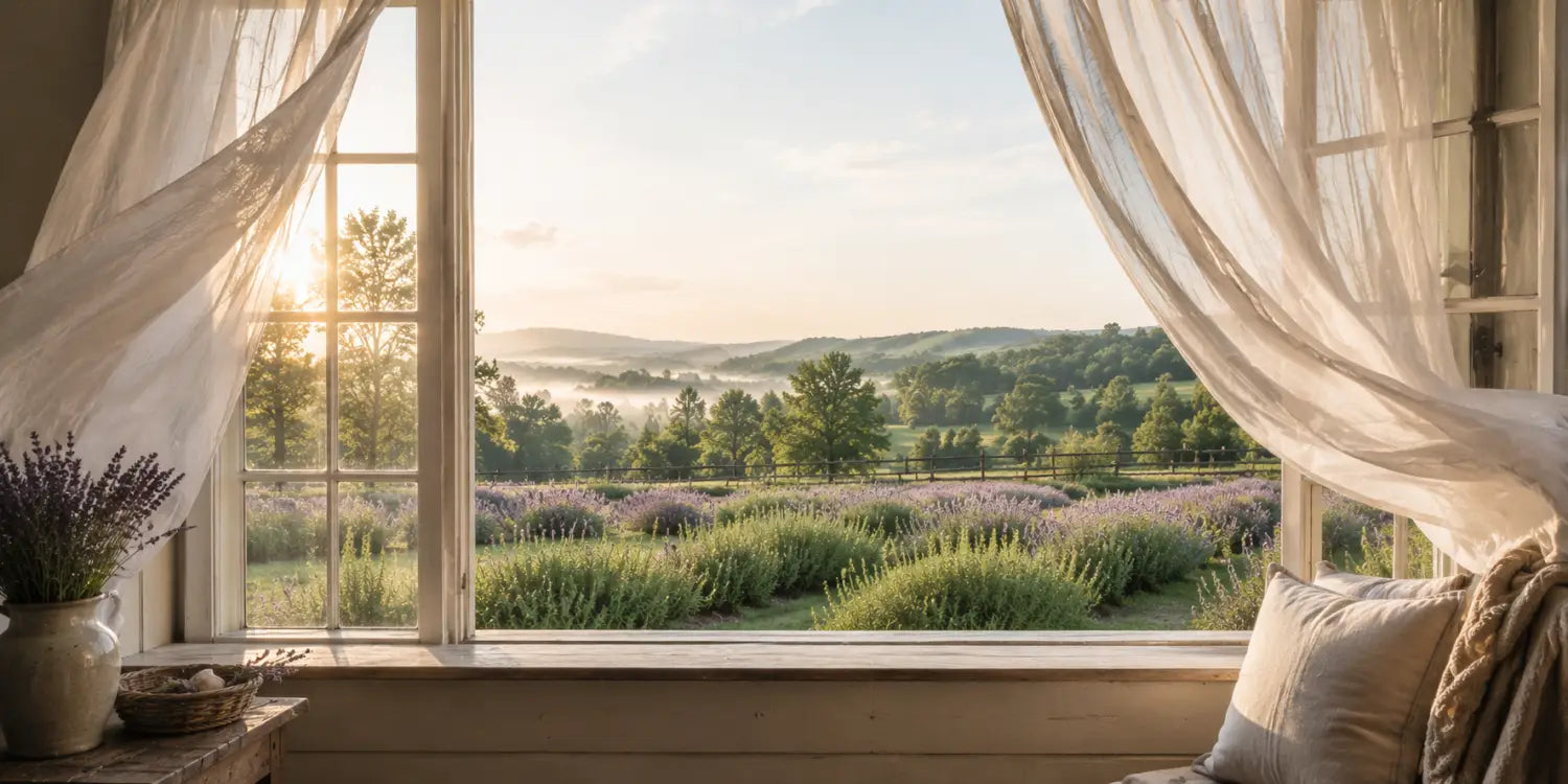 Fresh air — open window with linen curtains and distant lavender field