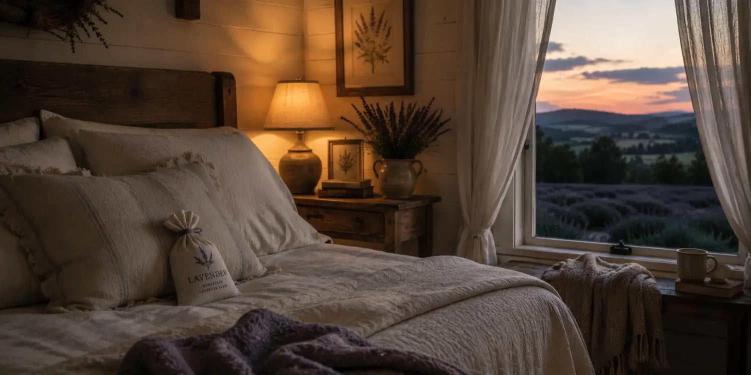 Evening calm — bed with lavender sachet on pillow under lamp glow