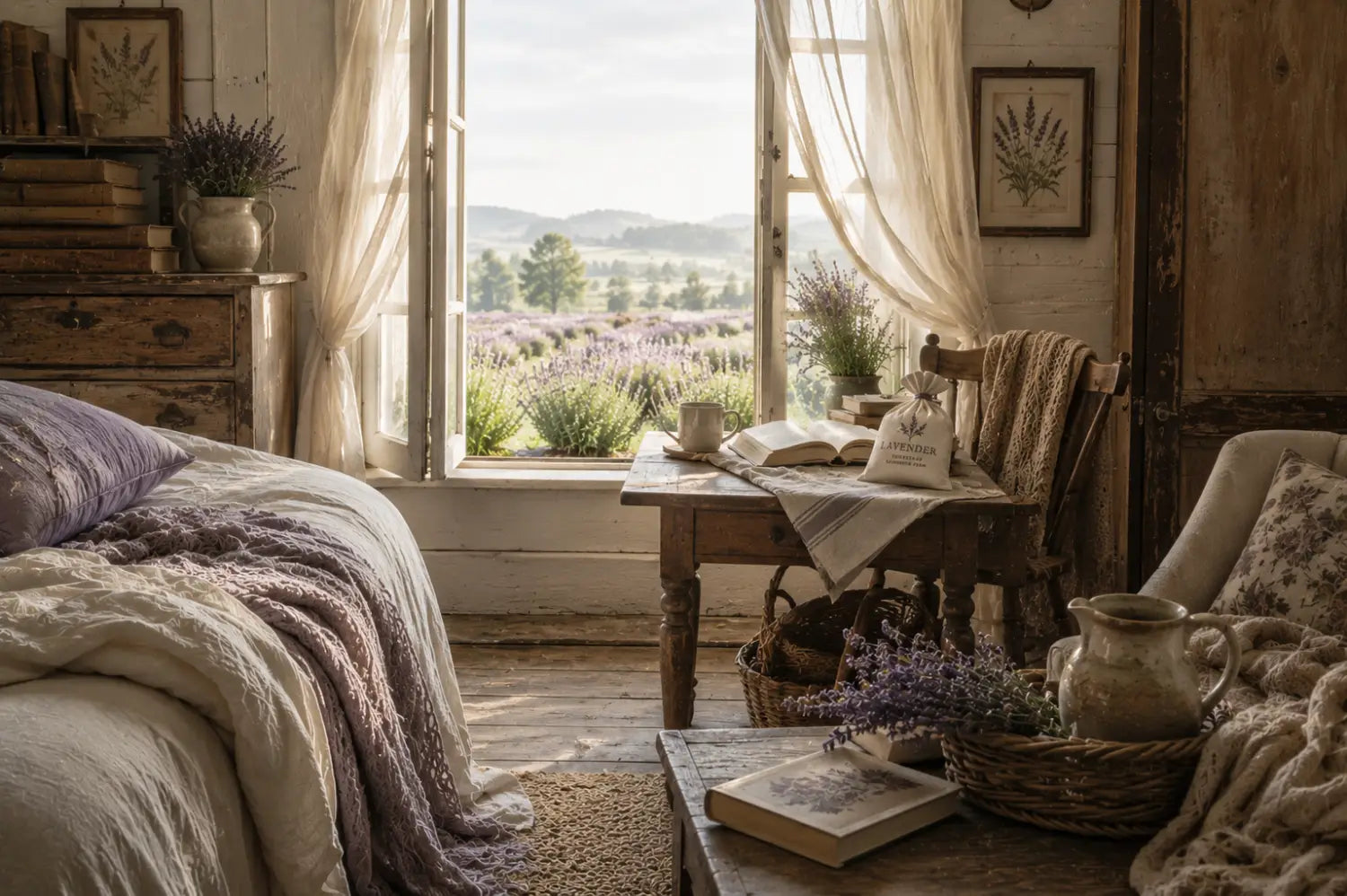 Sunlit farmhouse interior with linen curtains and lavender accents