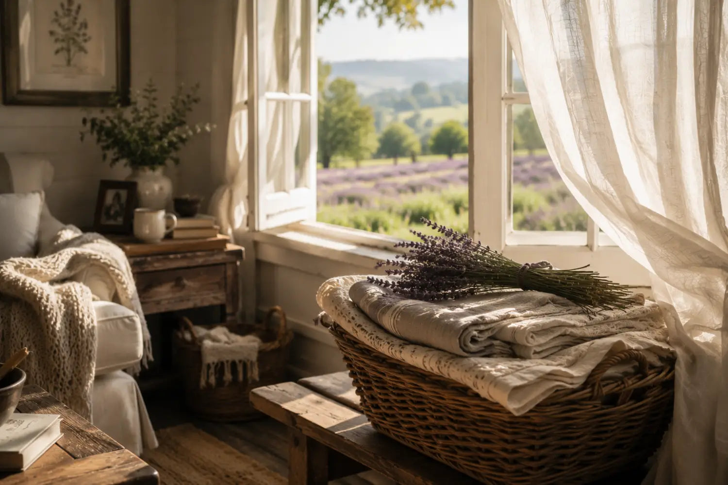 Apothecary still life with linens, lavender stems, and candles