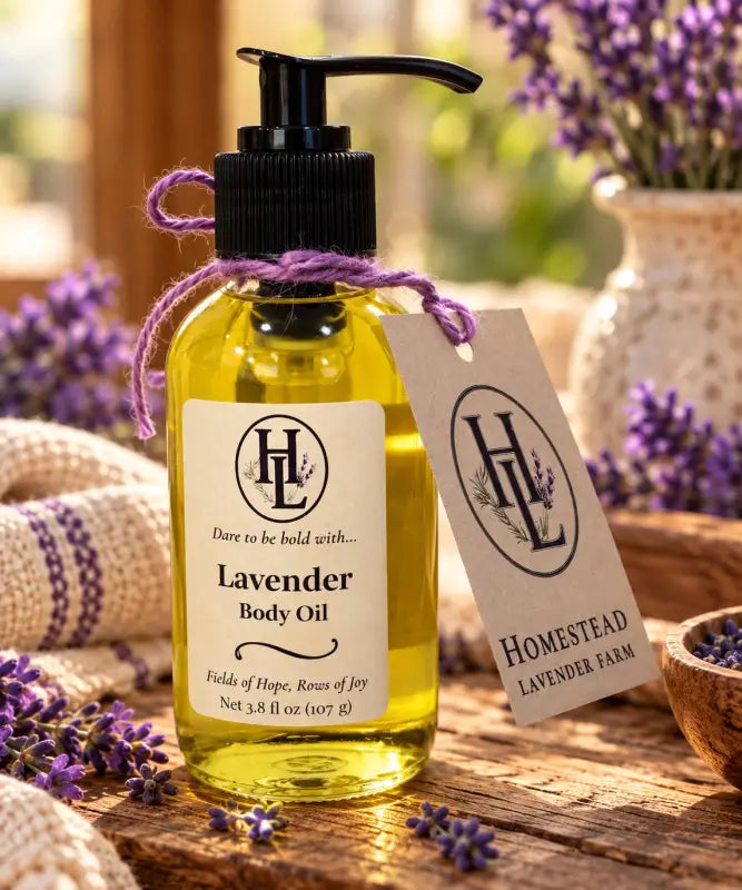 Lavender 'Bold' body oil tied with purple twine and a kraft Homestead Lavender Farm tag that carries the ingredient list