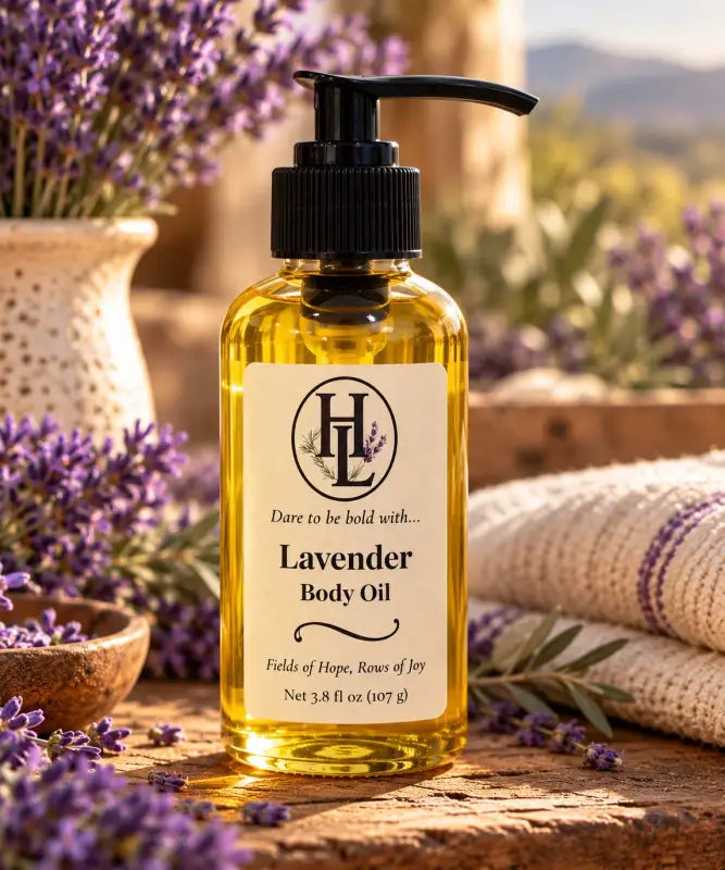 Lavender 'Bold' body oil in a clear glass pump bottle among fresh lavender, Homestead Lavender Farm