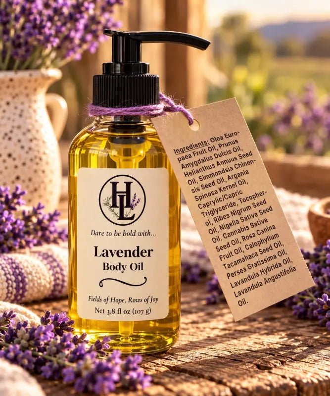 Kraft hang tag on the Lavender 'Bold' body oil showing the full ingredient list