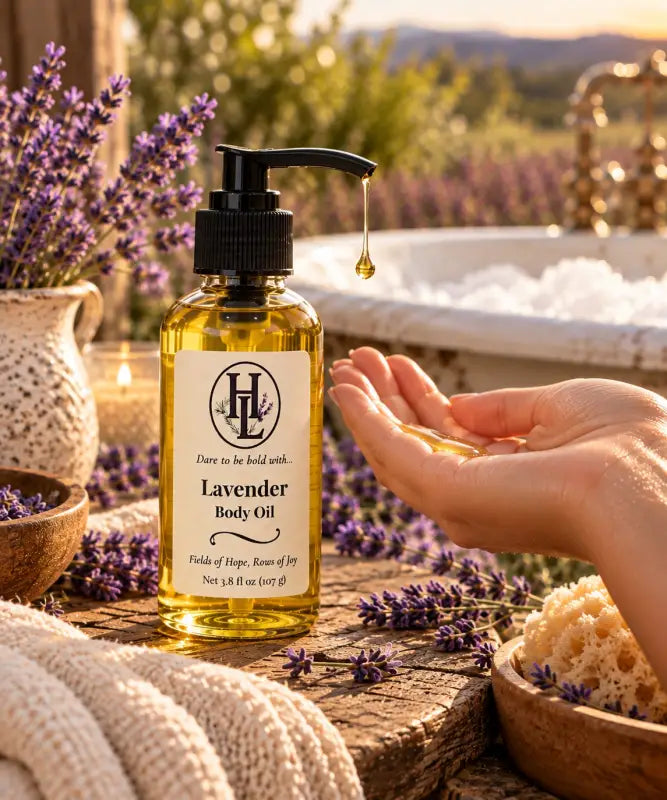 Pumping Lavender 'Bold' body oil into an open palm beside a lavender field