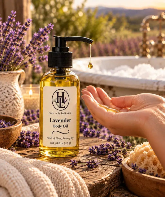 Pumping Lavender 'Bold' body oil into an open palm beside a lavender field