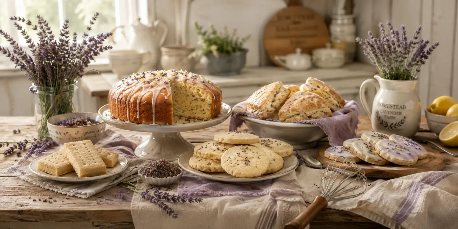Farmhouse table laid with lavender baked goods in soft morning light