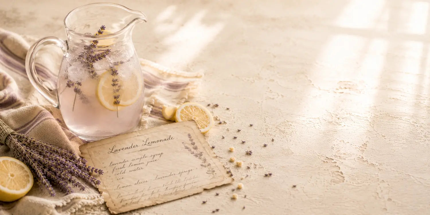 Recipe card and lavender lemonade on a farmhouse counter