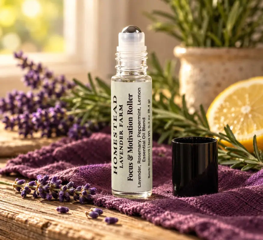 Focus & Motivation pressure roller with lavender, rosemary and lemon on a rustic table, Homestead Lavender Farm