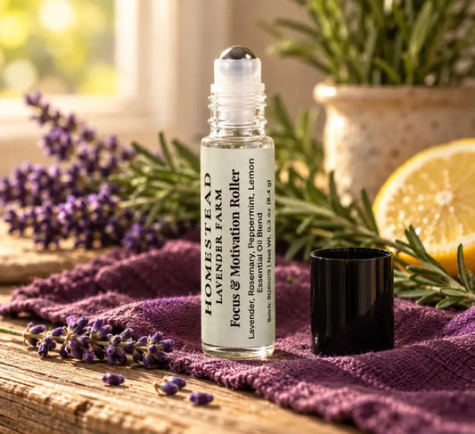 Focus & Motivation pressure roller with lavender, rosemary and lemon on a rustic table, Homestead Lavender Farm