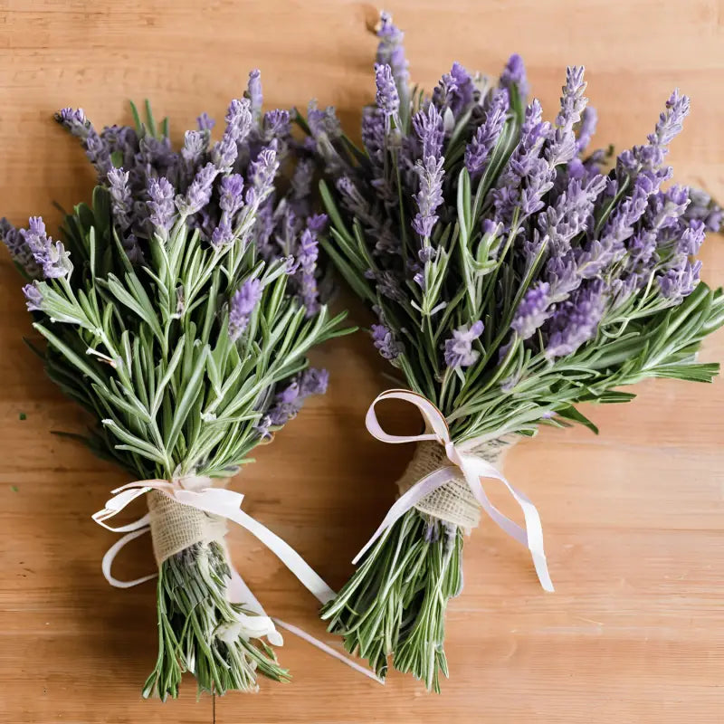 Two hand-cut lavender bundles with twine, laid out for U-Pick display