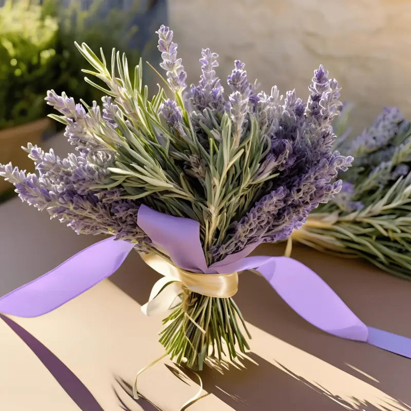 Lavender bouquet tied with light purple ribbon on a light table in the sunlight.