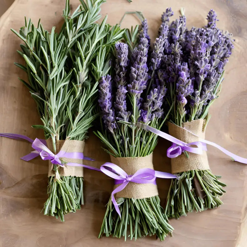 Freshly harvested lavender bundles tied with purple ribbon, displayed on a wooden table.