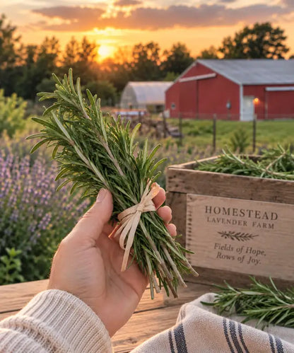 Hand holding a fresh-cut Tuscan Blue rosemary bundle tied with raffia at Homestead Lavender Farm, with lavender rows, the high tunnel and red barn behind at sunset.