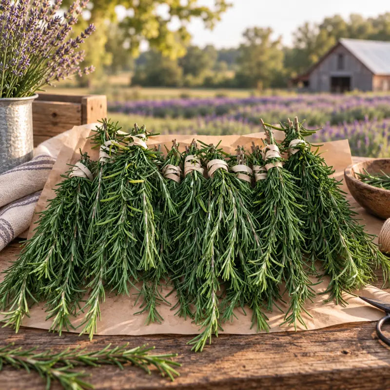 Fresh-cut Tuscan Blue rosemary bundles on parchment paper at Homestead Lavender Farm, lavender rows and the barn behind.