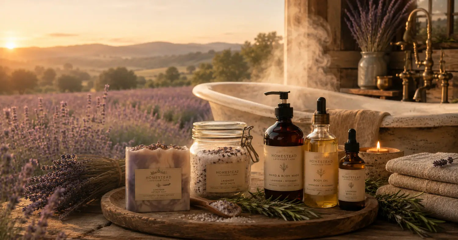Lavender field bath scene at golden hour